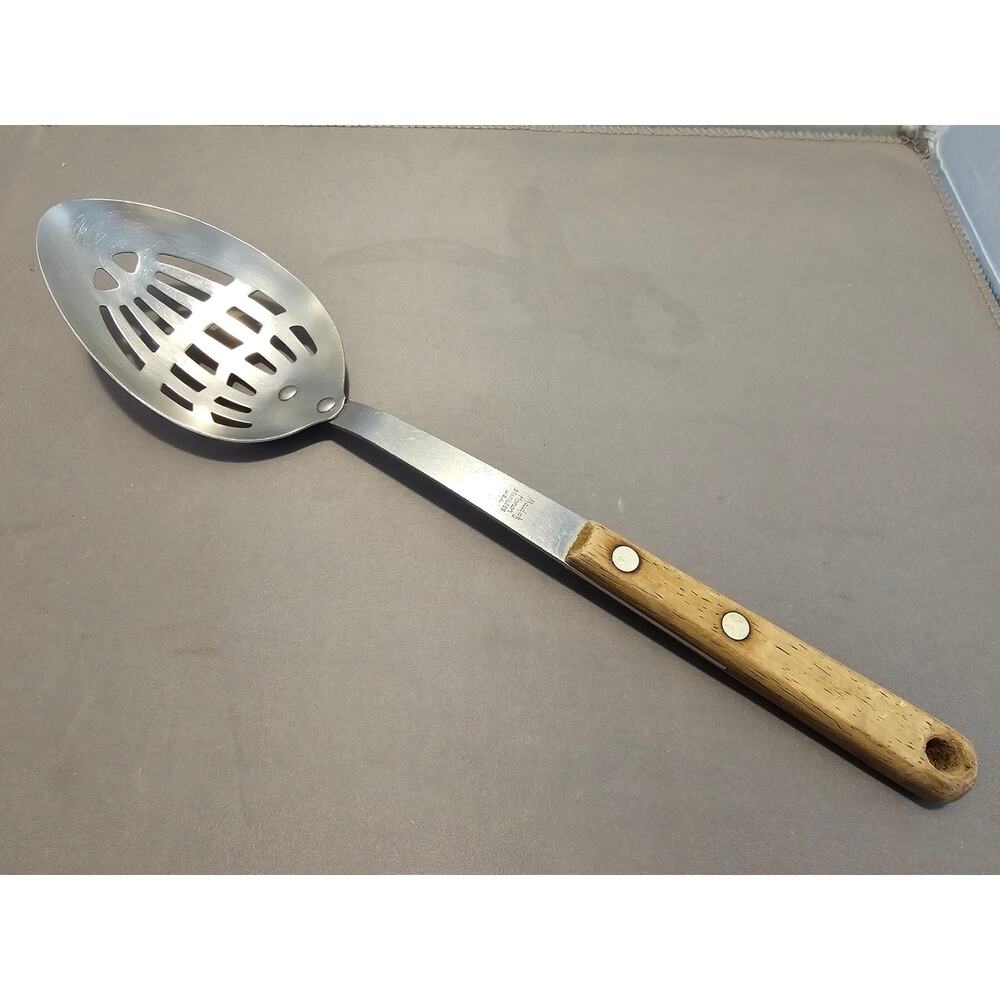 Vintage Maid off Honor Stainess Steel Slotted Serving Spoon w/Wood Handle - USA